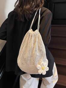 Woven Drawstring Backpack For Women, Simple & Fashion Handbag, Beige Crochet Sling Bag With Open Design, New Minimalist Hollow Knitted Drawstring Backpack, Bohemian Crochet Tote Bag - Stylish Summer Beach Shoulder Bag, Suitable For Casual Outings And Relaxation, Beach Bag For Beach And Casual Wear, Beach Essential, School Backpack