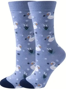 1 par de calcetines azul claro para mujeres - Cisne invernal con patrón de copos de nieve, suaves y elásticos para mayor comodidad, lavar a mano, accesorios de moda para clima frío, calcetines navideños para un ajuste cómodo