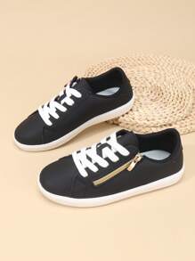 1 Pair Boys/Girls PU Leather Lace-Up Side Zipper Classic Student Shoes, Thick Sole Anti-Slip Durable Soft Bottom Casual Sneakers, Suitable For All Seasons