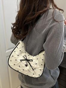1 件夏季新款蝴蝶结心形装饰单肩女式手提包，时尚购物斜挎包，可爱蝴蝶结女包 - 白色 - 查看 4
