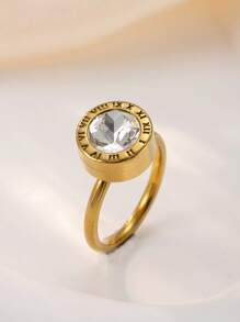 1 pieza Anillo de acero inoxidable chapado en oro de 18k con diamantes para mujer, accesorio elegante y de moda adecuado para uso diario, vacaciones, citas, regalo