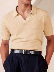 Spring/Summer New Unisex Men's Casual Simple Business Retro Solid Color Loose V-Neck Pullover Knit Top - Apricot - View 1