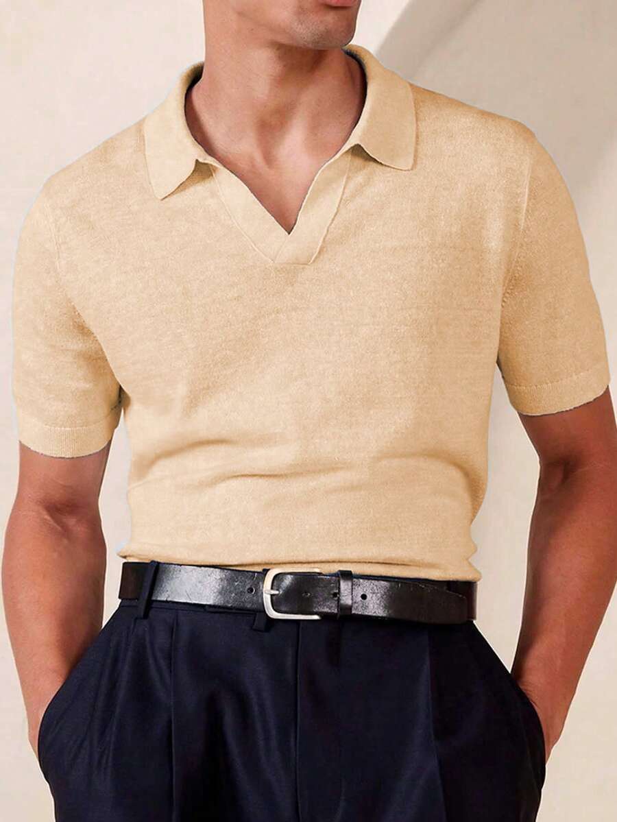 Spring/Summer New Unisex Men's Casual Simple Business Retro Solid Color Loose V-Neck Pullover Knit Top - Apricot - View 1