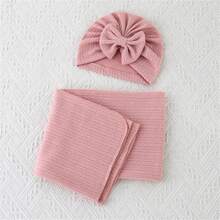 Newborn Baby Swaddle Blanket Set With Big Bow Hat, 1pc Hat And 1pc Wrap - Multicolor - View 12