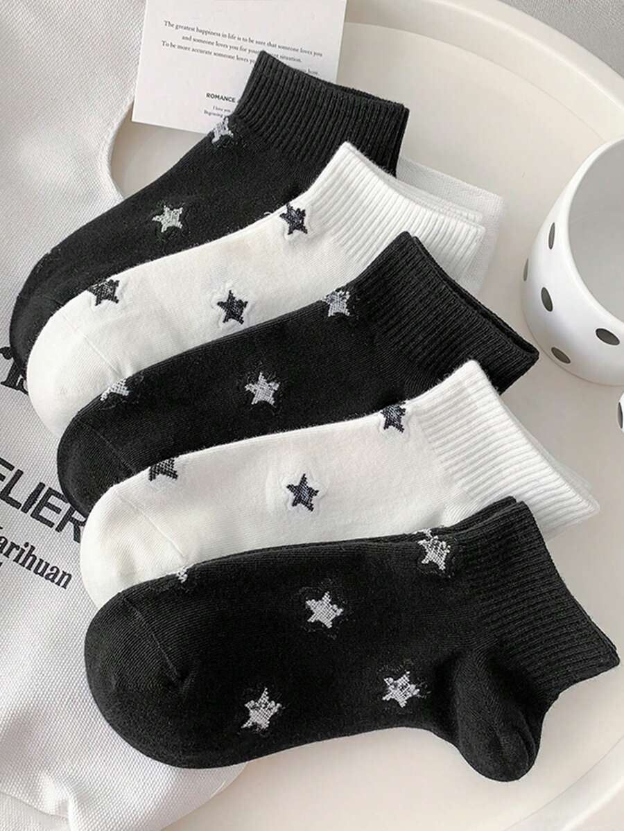 5 Pairs Star Pattern Casual Fashion Women Short Socks, Black & White - Multicolor - View 1