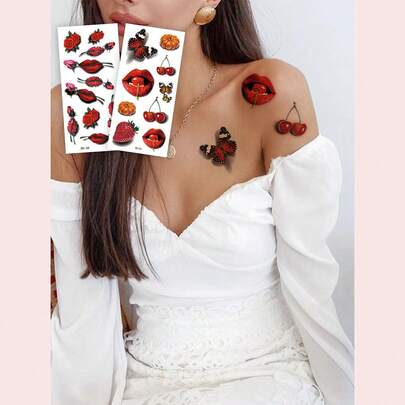 2 件人体艺术临时纹身贴纸，适合女性，性感红唇、草莓、樱桃、蝴蝶、玫瑰图案，防水假纹身，持续 2-5 天，遮盖疤痕，适用于手臂、手腕、肩膀、腿、腰部、颈部、手部、胸部、大腿