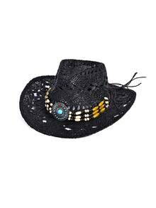 1 件西部牛仔帽，女士复古牛仔帽，男士夏季休闲牛仔帽，时尚朋克牛仔帽，波西米亚风牛仔帽（如果收到商品后发生变形，可能需要手动重塑帽檐）