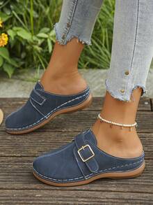 跨境贸易大码35-45夏季时尚休闲藏青色金属扣坡跟厚底罗马凉鞋，舒适户外日常穿着，厚底坡跟凉鞋女 - 藏藍色磨砂金屬方扣 - 查看 3