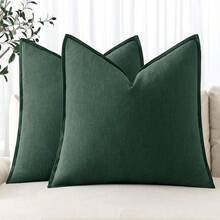 Local Delivery- Decorative Linen Pillow Covers 18x18 Inch Natural Beige ​Boho Farmhouse​ ​Neutral Couch Throw Pillows For Bed Pack Of 2 Accent Outdoor Pillowcase Modern Sofa Cushion Livingroom Home Decor - 墨綠色 - 查看 1