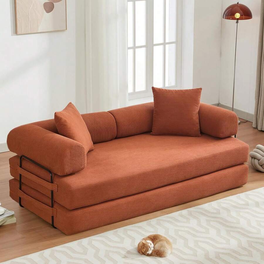 Convertible Folding Sofa Bed, Modular Floor Sofa With Removable Backrest, 3-Seater Fold Out Couch Bed With Pillows, King Size Futon Lazy Couch Corduroy Sleeper For Living Room, Dorm, Orange - 珊瑚橙 - 查看 1