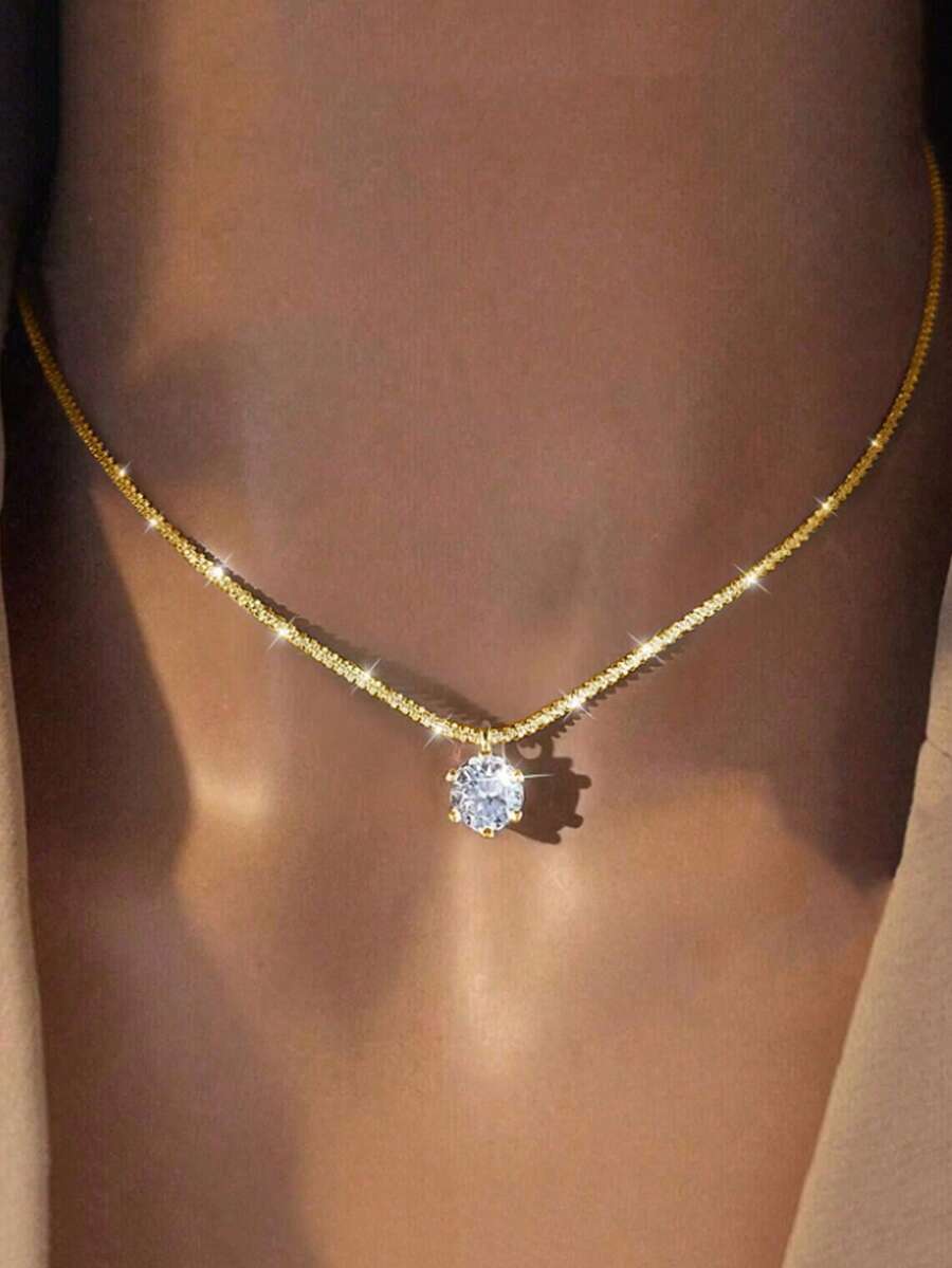 1 pieza Collar colgante de cristal artificial de tono plateado brillante de lujo para mujeres, adecuado para uso diario, regalo exquisito y perfecto para seres queridos - Dorado - Ver 1