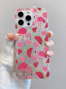 1 pieza Funda de teléfono transparente a prueba de golpes con diseño de sandía y flamenco, material IMD, apta como regalo de vacaciones para iPhone 15, 16 Pro/Pro Max, 14, 15, 16 Plus, resistente a huellas dactilares y arañazos