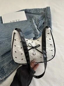 1 件夏季新款蝴蝶结心形装饰单肩女式手提包，时尚购物斜挎包，可爱蝴蝶结女包 - 白色 - 查看 3