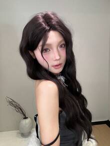 alicegarden 前蕾丝 4*1，深棕色长卷发假发，28 英寸长，半编织自然顺滑逼真的头发（不含配件）。 - 黑色 - 查看 3