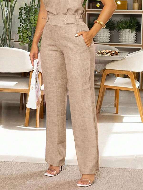 Women's Fashionable Casual Elegant Pants With Oblique Pockets And Button Details, Suitable For Work