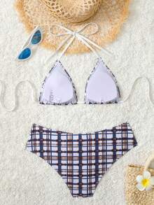 Women Beach Summer Holiday Plaid Print Bikini Set With White Bowknot, Swim Trunks - Multicolor - View 3