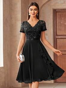 MIUSOL V-Neck Sequin Floral Lace Ruffle Hem Chiffon Ballgown, Elegant Women's Party Dress, Suitable For Formal Parties, Vacations, Homecoming, Graduation Ceremonies And Other Occasions - Black - View 2