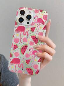 1 pieza Funda de teléfono transparente a prueba de golpes con diseño de sandía y flamenco, material IMD, apta como regalo de vacaciones para iPhone 15, 16 Pro/Pro Max, 14, 15, 16 Plus, resistente a huellas dactilares y arañazos