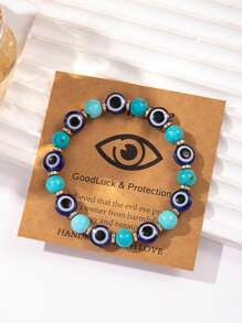 1pc Stylish & Elegant Black Obsidian Acrylic Devil's Eye Beaded Elastic Bracelet For Women, Suitable For Daily Wear