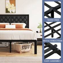Estructura de cama Queen Gunji con cabecero acolchado, estructura de cama metálica de plataforma con almacenamiento debajo de la cama, sistema de soporte totalmente metálico, sin necesidad de caja de resortes, sin ruido, fácil montaje, gris oscuro