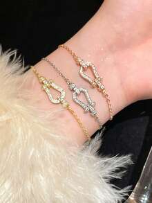 1 件时尚马蹄形方晶锆石手链，百搭马蹄形手链，女士珠宝配饰 - 馬蹄扣手鍊 - 查看 9