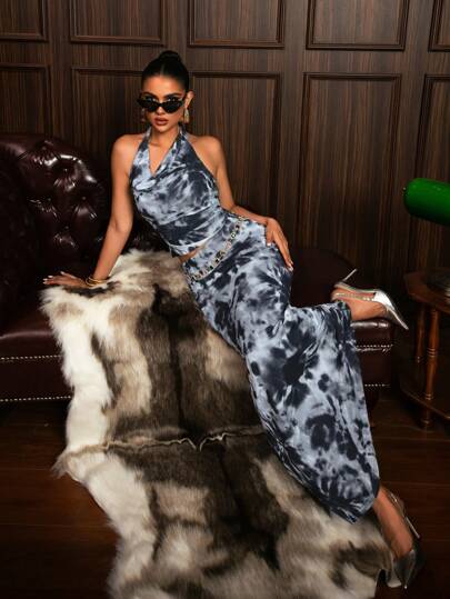 Faeriesty Conjunto imprescindible de dos piezas con estampado de teñido anudado - Crop top de cuello halter y vestido de sirena, silueta de cintura alta, abdomen corto para uso casual y salidas nocturnas