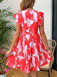 Đầm chữ A nữ in hoa, xếp ly, chất liệu 100% polyester, kiểu dáng midi thanh lịch, thích hợp cho kỳ nghỉ. - Đỏ - Xem 5