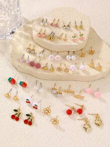 30 Pairs Mixed Fruit, Flower & Sea Life Design Stud Earrings Set, Suitable For Teenage Girls - Multicolor - View 3