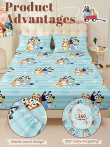 Bluey 1pc  Fitted Sheet, Bedding, Double Bed Sheets Set, Home Decor, Mattress Protector, Bed Cover, Cozy Home Textile, Breathable And Anti-Pilling Mattress Protector, Cartoon Pattern Bed Cover, Cute Home Decoration, Fits For All Size Beds - Dusty Blue - View 6