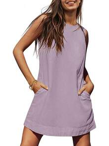 UEU Womens Summer Sleeveless Linen Dress Casual Crew Neck Open Back Short Sundress With Pockets - Purple - View 1
