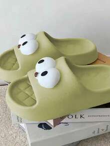 Sandalias Plana Para Mujer Diseño Animado De Ojos Suela Texturizada, Sandalias EVA De Moda Antideslizante De Primavera Y Verano Para Hogar Y Vacaciones - Verde - Ver 5