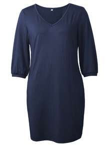 Plus Size V-Neck Mid-Length Sleeve Casual Solid Color Maxi Dress, Daily Wear Spring/Summer