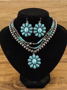 1 Set: 2pcs Necklaces + 1 Pair Earrings, Retro Cowboy Style Faux Turquoise Fashion Jewelry Set For Women - Antique Silver - View 2