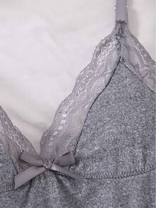 3pcs Solid Color Lace Patchwork Bow Decor Sleeveless Romantic Side Slit Camisole Nightgown - Multicolor - View 4