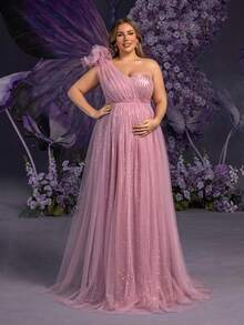Faeriesty Vestido de gala Dressalisa Plus de lujo con hombros con relieve floral 3D, elegante para sesiones de fotos para madres embarazadas (eventos formales de primavera/verano y baby shower, falda de tul y lentejuelas etérea) - Rosa vieja - Ver 4