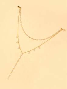 New Style Double-Layered Rhinestone Tassel Long Necklace, Y-Shaped Minimalist Body Chain For Women - Gold - View 3