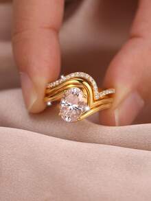 3 件套奢华 S925 纯银椭圆形方晶锆石波浪设计戒指套装，适合女士，适合订婚、婚礼、宴会、日常佩戴和节日礼物 - 金黃色 - 查看 3