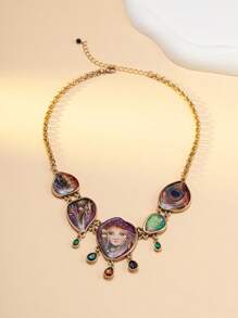 1pc Necklace + 1 Pair Earrings, Featuring The Mysterious Oriental Design And Energetic European & American Fashion. The Necklace Is Designed With Artistic Portrait Engravings, Peacock Feathers, Colorful Glass Beads, And Gemstone Tassels. The Earrings Recreate The Same Luxurious Middle Eastern Palace Style And Unique Street Personalized.