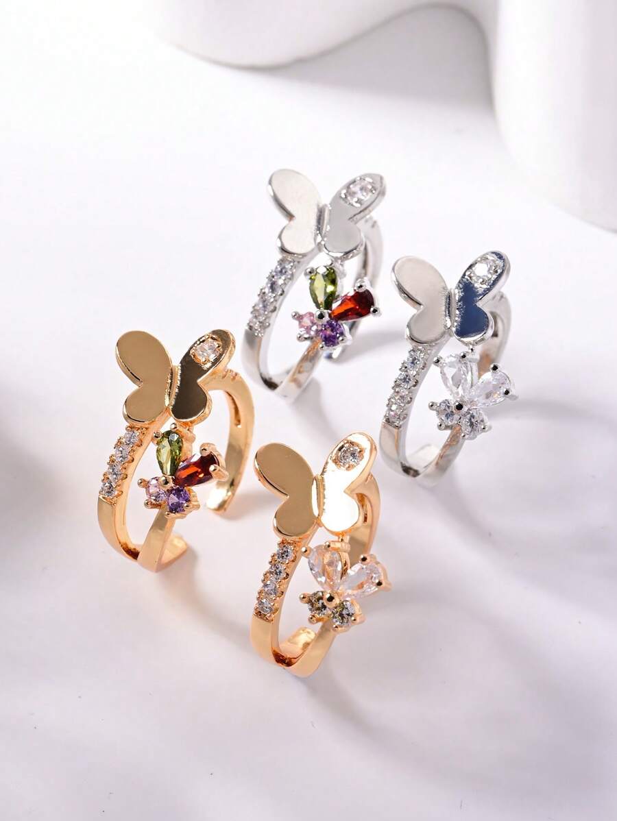 1pc Delicate Butterfly Decorative Cuff Ring With Sparkling Colorful Zirconia,Open Adjustable Ladies Ring,Women's Creative Jewelry,Summer Vacation Accessories,Women's Daily Wear,Party,Date,Gathering,Valentine's Day Gift.