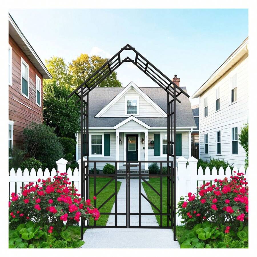 Metal Garden Arch With Gate W58.07*H97.24 Climbing Plants Support Rose Arch Outdoor Black - 彩色 - 查看 1