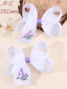 2 件女孩 A-Z 刺绣字母印花蝴蝶结发夹，简约白色缎带蝴蝶结发夹，可爱时尚发饰，适合日常/派对/学校 - 彩色 - 查看 1