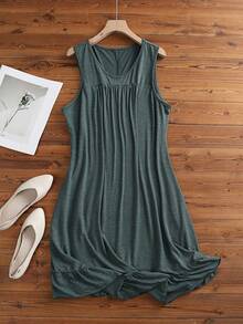 Plus Size Solid Color Long Loose Curved Hem Short Sleeve Women Dress Outfit, For Summer - Black - View 1