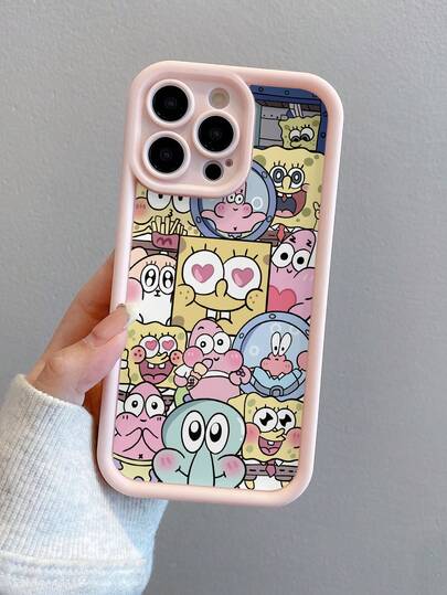  1pc Pink Fun Heart Shape Spongebob Square Pants Pattern Perforated Anti-Drop Phone Case Cover Fits S25/S2Ultra And 16/15/14/13/12/11Pro Max/12Pro/14Plus Models Waterproof Shockproof Scratch Resistant