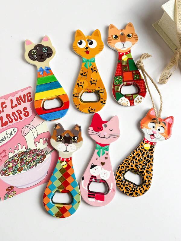 1pc Lovely Retro Colorful Embossed Cat Design Magnetic Sticker, Large Size Dual-Use As Fridge Magnet And Bottle Opener, Suitable For Home Decor, Daily Use And Holiday Gifts