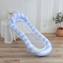 1pc PVC Daisy Pattern Pink & Blue Striped Inflatable Float Bed, Swimming Pool Water Beach Lounger, Beach Essentials, Beach Accessories