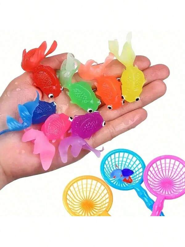 16 piezas de Juguetes de goma blandos de peces dorados simulados que flotan para juegos de agua en interiores y exteriores, decoración y suministros para fiestas de verano, sin pilas (color aleatorio)
