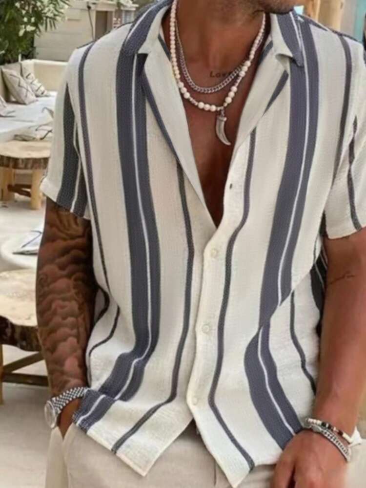 2025 Men Spring/Summer Casual Holiday Striped Button-Down Short Sleeve Shirt - Multicolor - View 1