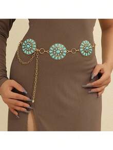 Cadena/Cinturón para la cintura hecho a mano de estilo bohemio con turquesa, ornamento para la cintura de aleación de zinc con patrón de enrejado de diamantes, adecuado para mujeres en primavera, verano, otoño e invierno - Dorado - Ver 8