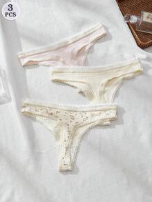 DORSU Bộ 3 quần lót dây ren cho nữ, đồ lót mềm mại, co giãn, gợi cảm, trang trí nơ hoa dễ thương, quần lót dây viền tương phản, đồ lót thể thao năng động, phù hợp cho mọi mùa, cạp thấp, màu trơn, quần lót dây màu vàng tươi cho nữ. - Nhiều màu - Xem 2