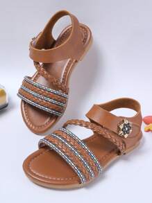 1 Pair Girls Woven Summer Sandals, Casual Fashion Versatile, Flat Beach Strap Princess Shoes, Extremely Soft Material, Suitable For Daily, Holiday, Travel